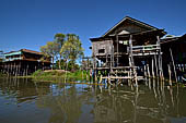 Inle Lake Myanmar. All the buildings are constructed on piles. Residents travel around by canoe, but there are also bamboo walkways and bridges over the canals, monasteries and stupas. 